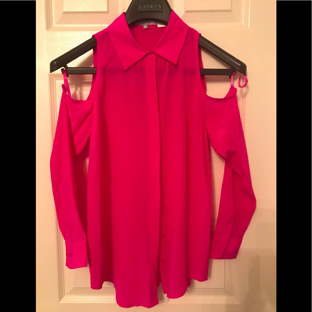 Hot pink open shoulder silk blouse